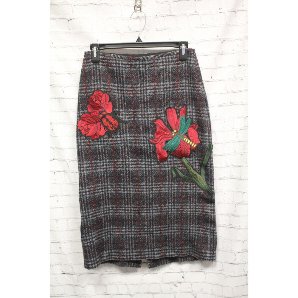 Zara Wool Skirt Check Size Small Floral Red Flower Plaid Pencil Retro Librarian